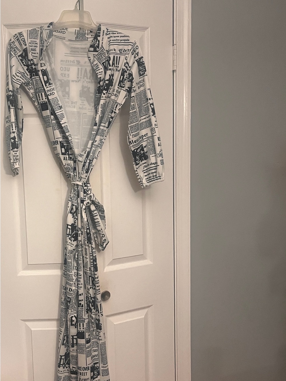 Newspaper Print Long Wrap Jumpsuit Robe in White and Black